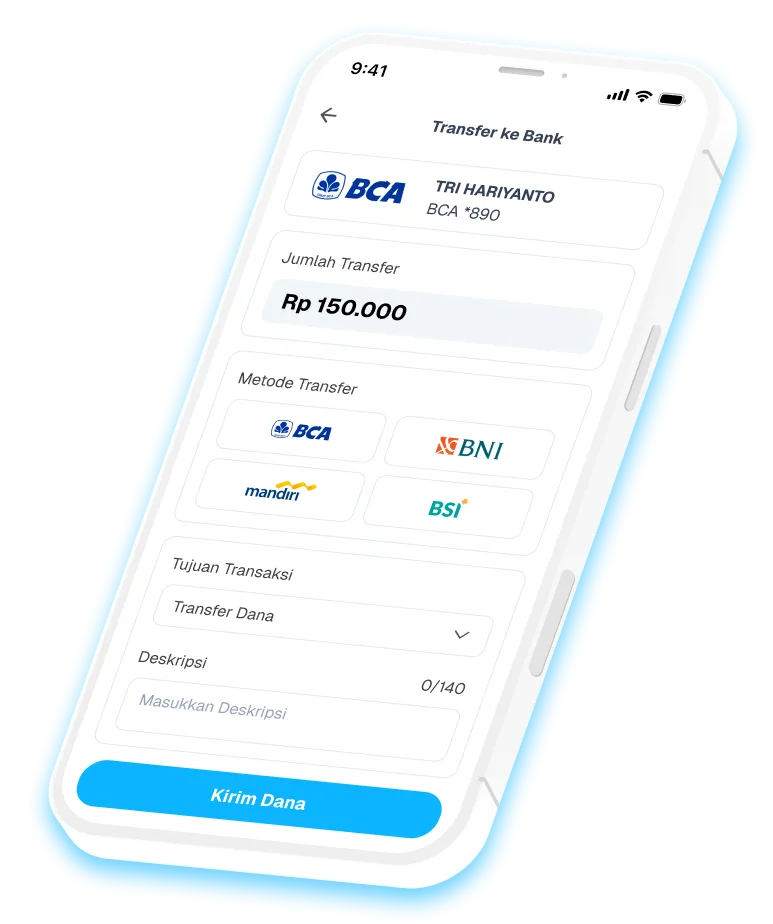 Tampilan aplikasi TriPay untuk transfer dana ke bank